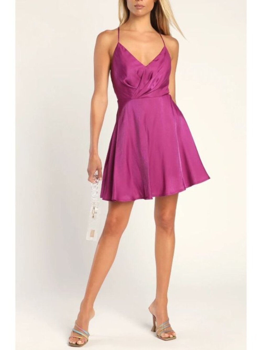 Lulus Positively Darling Magenta Satin Surplice Skater Dress Medium New